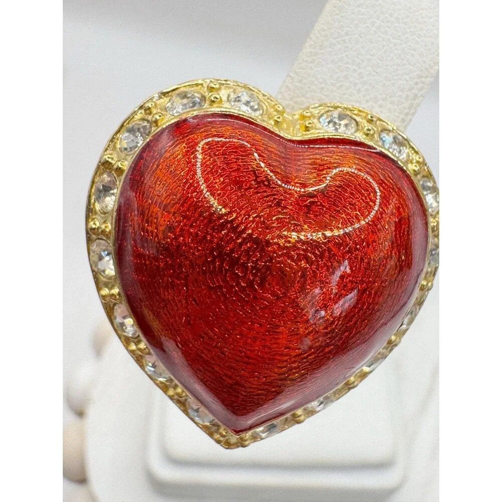 Vintage Victoria's Secret Red Enamel Puff Heart Clip on Earrings Rhinestone